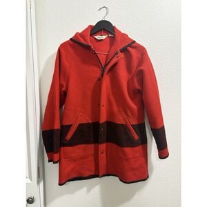 Woolrich Blanket Coat Women's M Red Striped Wool Hooded‎ Snap Front USA